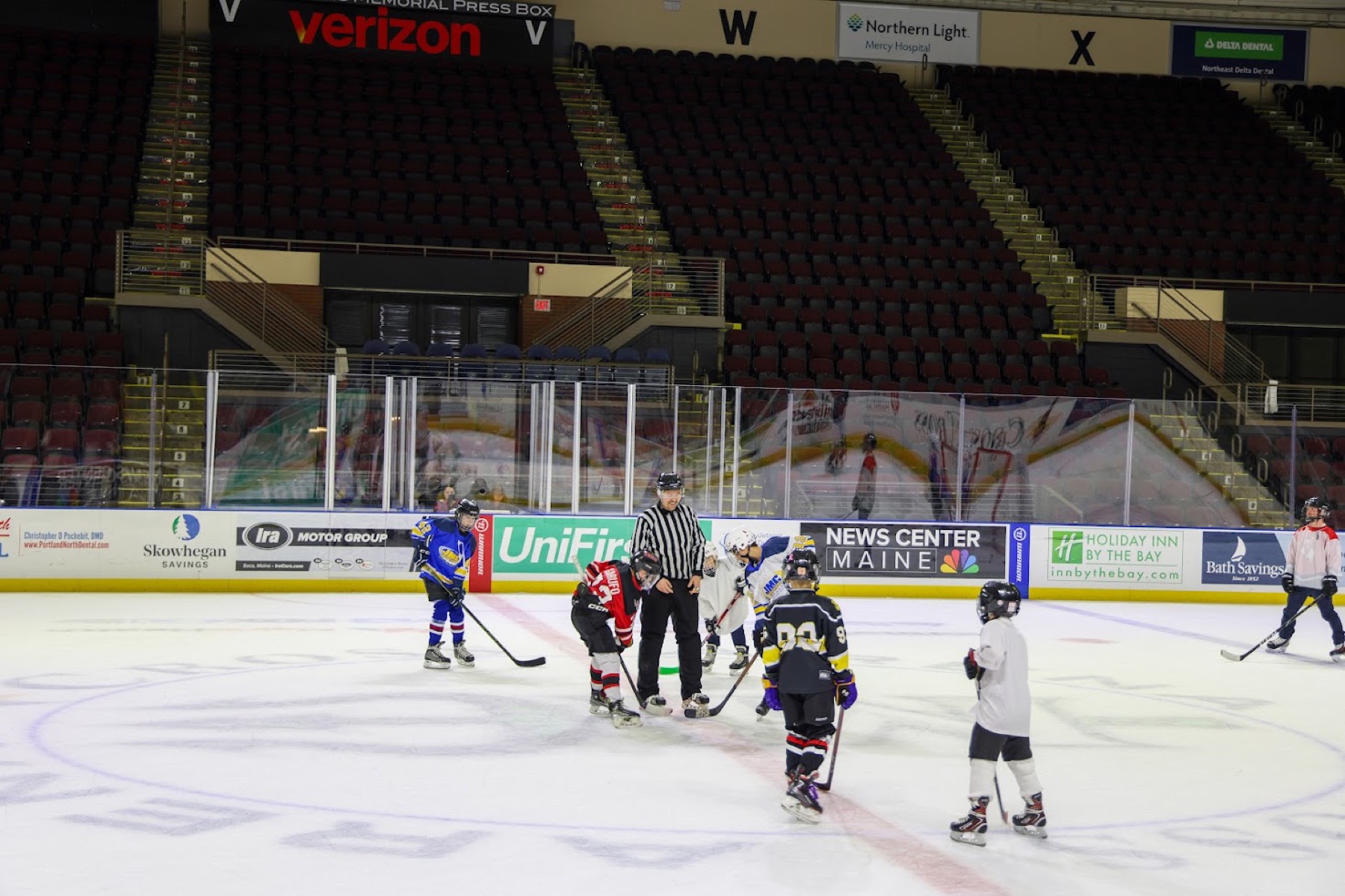 Players gathered at center ice